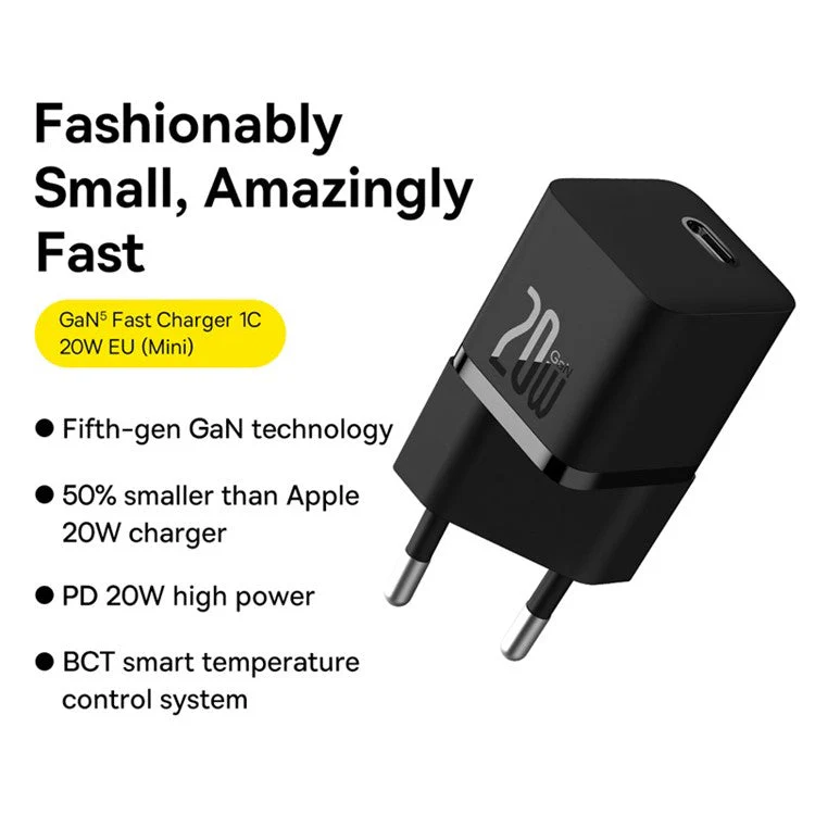 BASEUS 20W GaN5 Fast Charger Portable Type-C Port Wall Charging Adapter (Mini), EU Plug - Black - Image 2