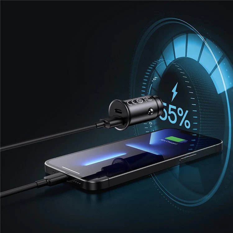 BASEUS Aluminum Alloy USB-A + Type-C 30W PPS Fast Charging Adapter Car Charger - Black - Image 4