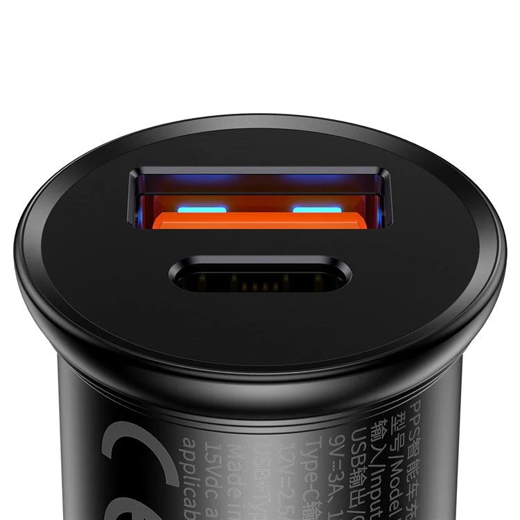 BASEUS Aluminum Alloy USB-A + Type-C 30W PPS Fast Charging Adapter Car Charger - Black - Image 6