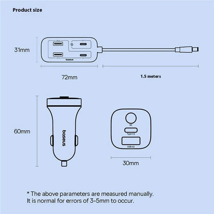 BASEUS Backseatpal L1 In-Vehicle Cigarette Lighter Car Charger 3 USB + 3 Type-C Power Strip - Black - Image 6