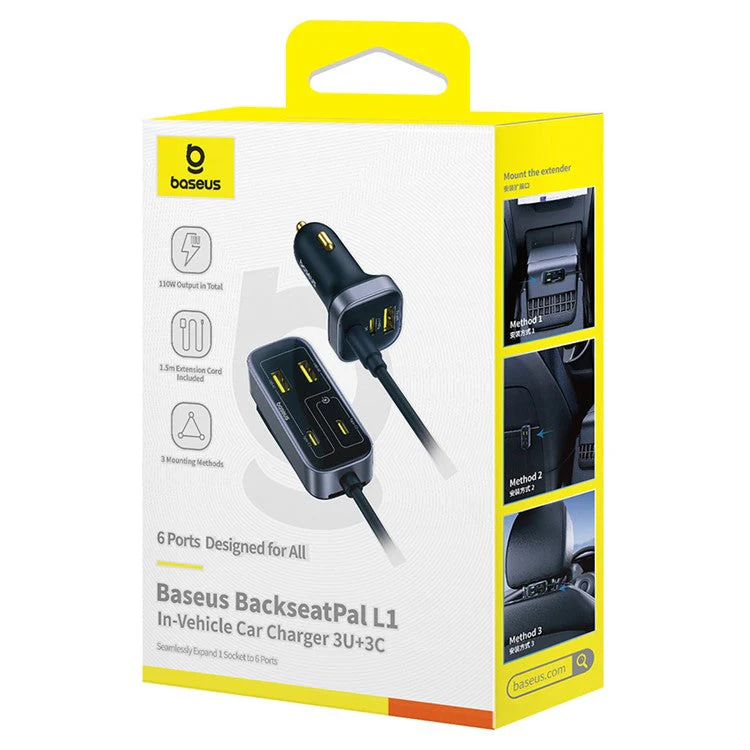 BASEUS Backseatpal L1 In-Vehicle Cigarette Lighter Car Charger 3 USB + 3 Type-C Power Strip - Black - Image 7