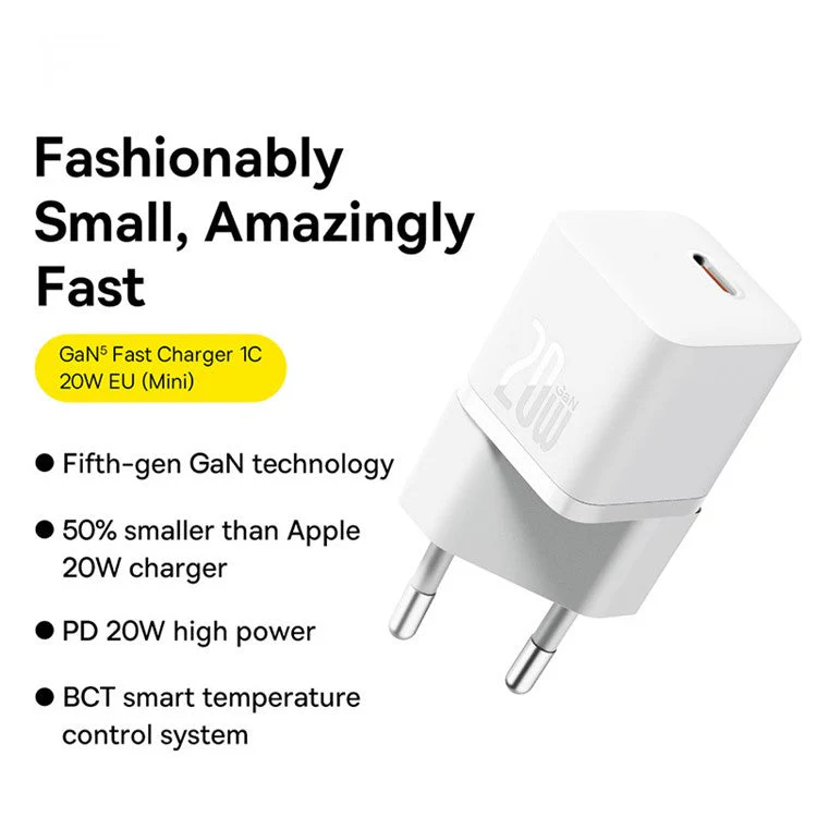 BASEUS CCGAN20E5-M GaN5 Fast Charger Mini Type-C 20W Wall Charger Adapter, EU Plug - White - Image 2
