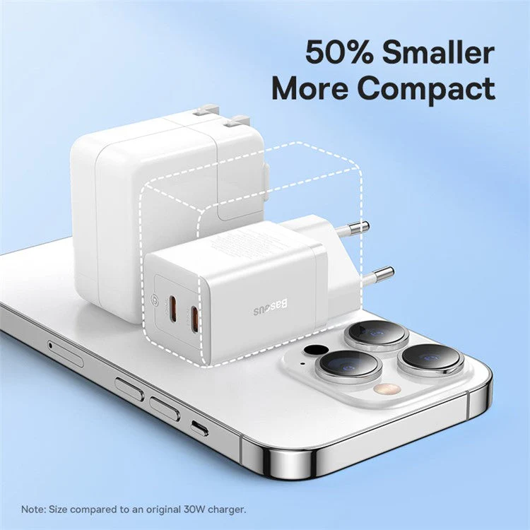 BASEUS CCGAN40CE-M GaN5 Pro Fast Charger Dual Type-C Output 40W Fasting Charging Phone GaN Charger, EU Plug - White - Image 7
