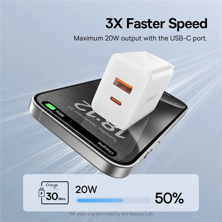 BASEUS CCXFK20UE Cube Fast Charger Type-C+USB 20W Wall Charger Adapter, EU Plug - White - Image 3