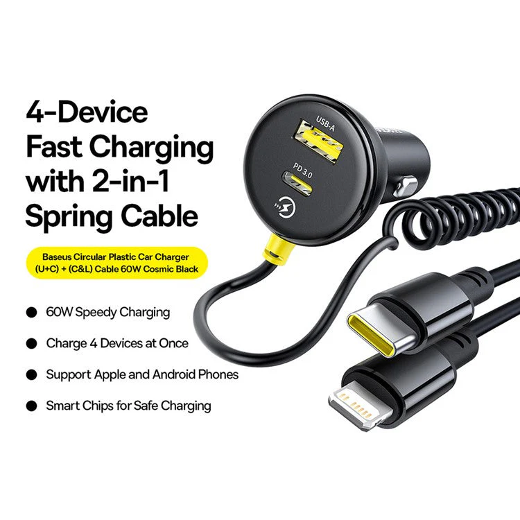 BASEUS Circular Plastic Car Charger 60W USB+Type-C Adapter with Type-C+Lightning Spring Cable - Black - Image 2