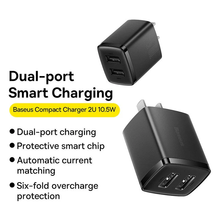 BASEUS Compact Charger 2U 10.5W Wall Charger Portable Mini Charger Block with Dual USB Ports (CN Plug) - Black - Image 2