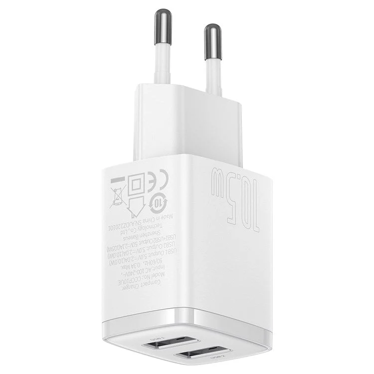 BASEUS Compact Charger with 2 USB Ports 10.5W Power Adapter, EU Plug - White - Image 8