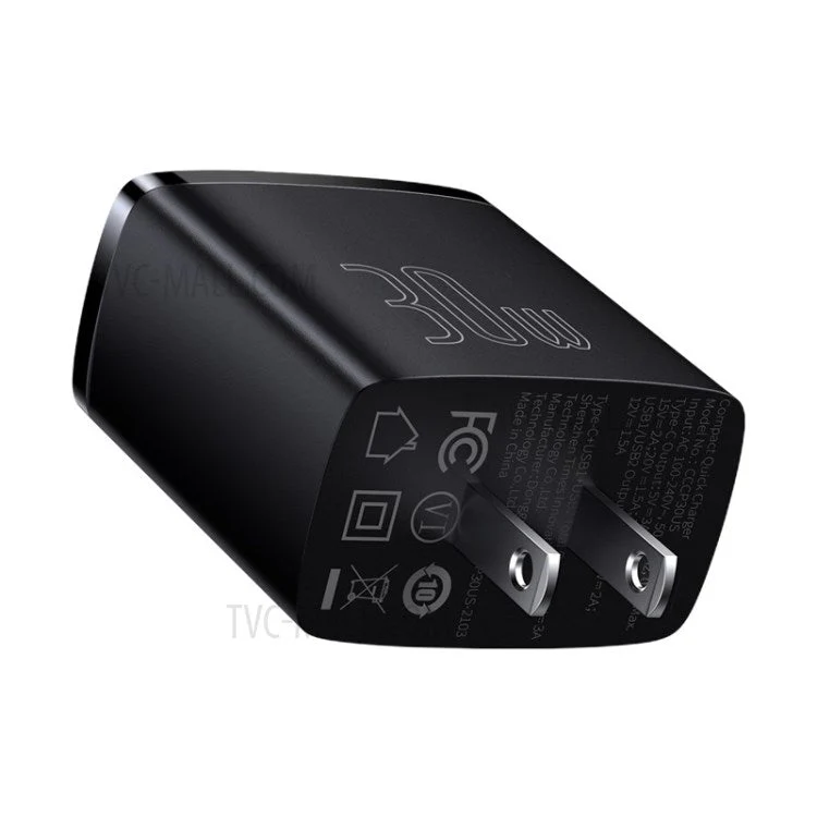 BASEUS Compact Quick Charger 2U+C Three Ports 30W Fast Charging Block Adapter US Plug - Black - Image 2