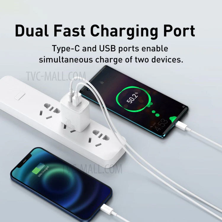 BASEUS Compact Quick Charger U+C Dual Ports 20W US Plug Charging Adapter - White - Image 4