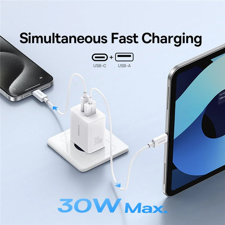 BASEUS Cube Fast Charger Type-C+USB Dual Port 30W Charging Adapter, EU Plug - White - Image 3