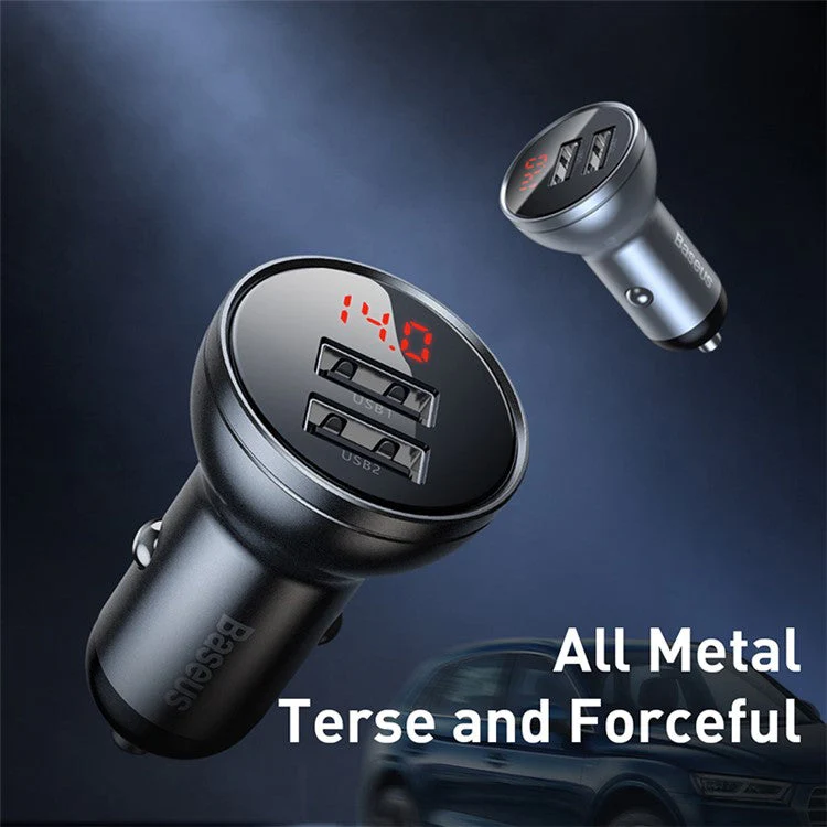BASEUS Digital Display Dual USB 4.8A Car Charger 3-in-1 Charging Cable Set with Micro iP Type-C Interface (1.2m) - Image 2