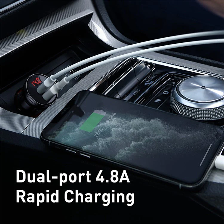 BASEUS Digital Display Dual USB 4.8A Car Charger 3-in-1 Charging Cable Set with Micro iP Type-C Interface (1.2m) - Image 3
