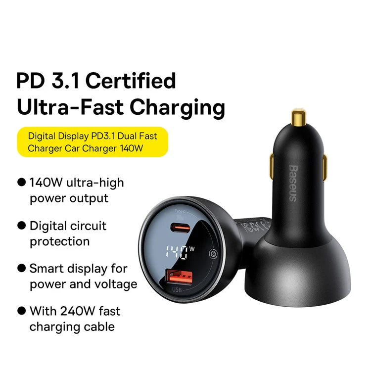 BASEUS Digital Display PD3.1 Fast Charging Car Charger USB+Type-C 140W Power Adapter with Type-C Cable - Black - Image 2
