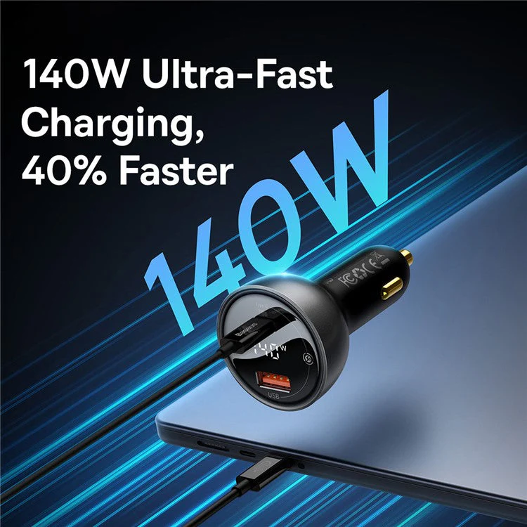 BASEUS Digital Display PD3.1 Fast Charging Car Charger USB+Type-C 140W Power Adapter with Type-C Cable - Black - Image 3