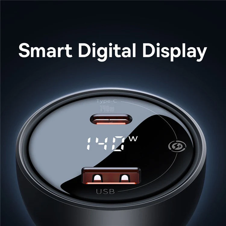 BASEUS Digital Display PD3.1 Fast Charging Car Charger USB+Type-C 140W Power Adapter with Type-C Cable - Black - Image 5