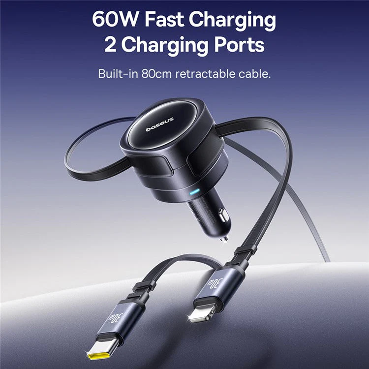 BASEUS Enjoyment Max Car Charger 60W C + L Dual Cable Rotatable Design Fast Charging Retractable Cables - Image 4