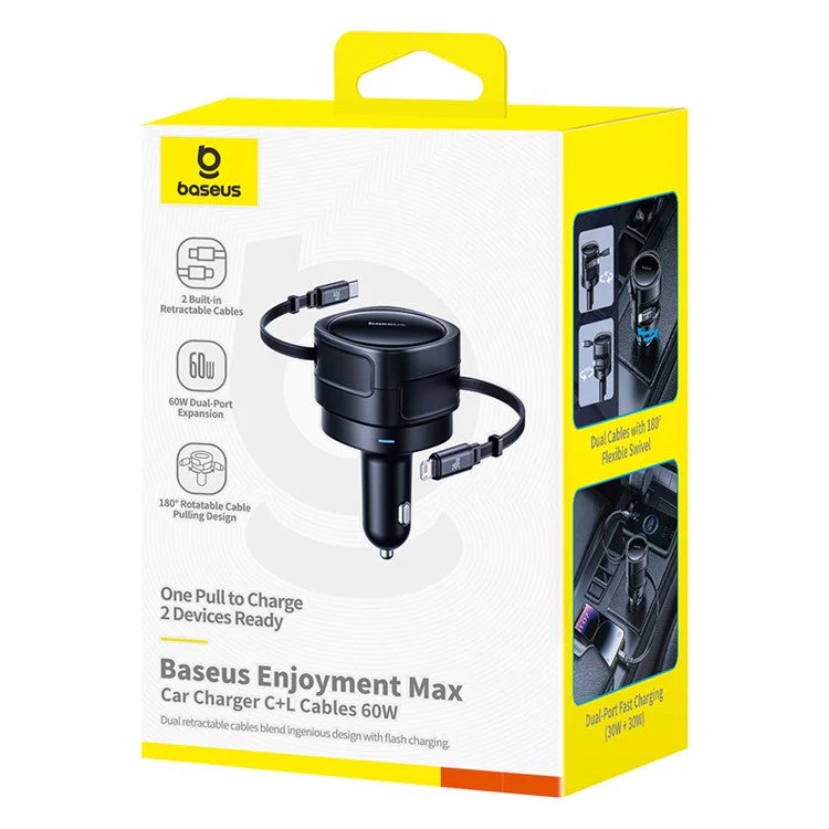BASEUS Enjoyment Max Car Charger 60W C + L Dual Cable Rotatable Design Fast Charging Retractable Cables - Image 8