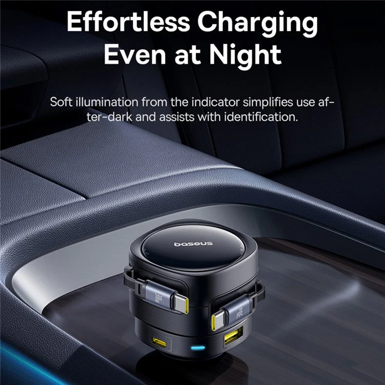 BASEUS Enjoyment Max Car Charger Dual Retractable Cable USB + Type-C Fast Charging Adapter - Black - Image 3