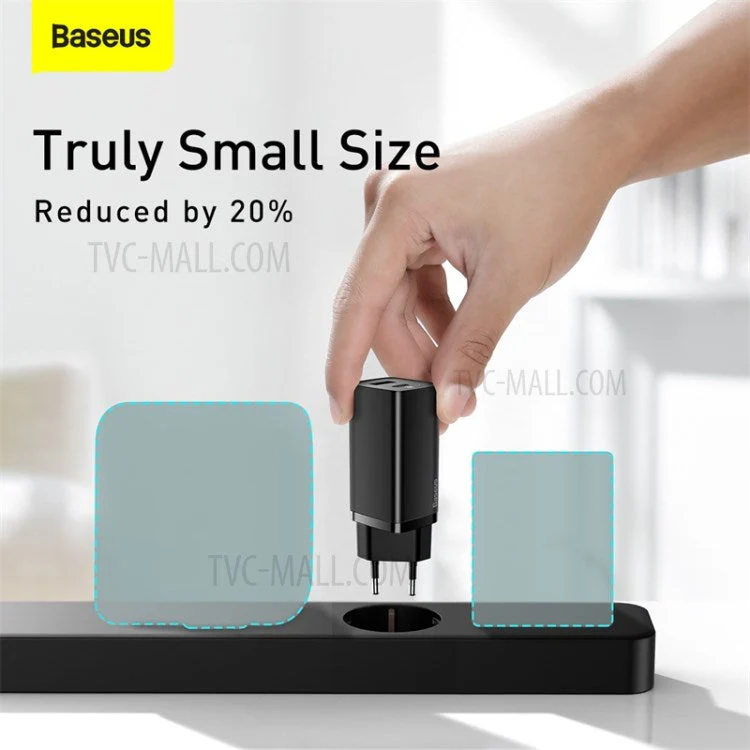 BASEUS GaN2 Lite Quick Charger Type-C+USB 65W Wall Charger EU Plug - Black - Image 3