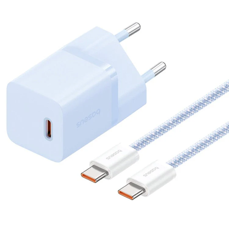 BASEUS GaN5 Fast Charger 30W Single Type-C Wall Charger EU Plug Adapter (Mini), with Type-C to Type-C Cable - Blue