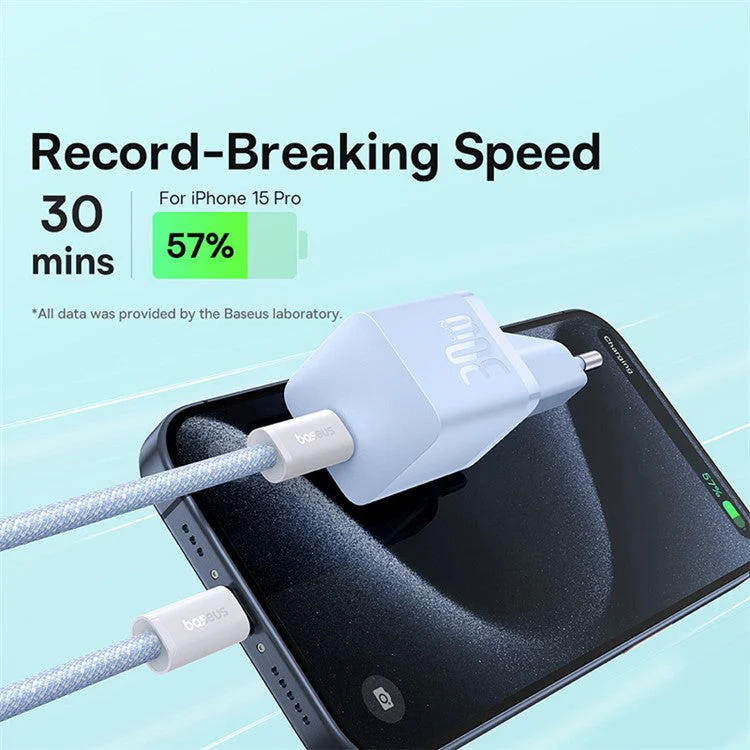BASEUS GaN5 Fast Charger 30W Single Type-C Wall Charger EU Plug Adapter (Mini), with Type-C to Type-C Cable - Blue - Image 3