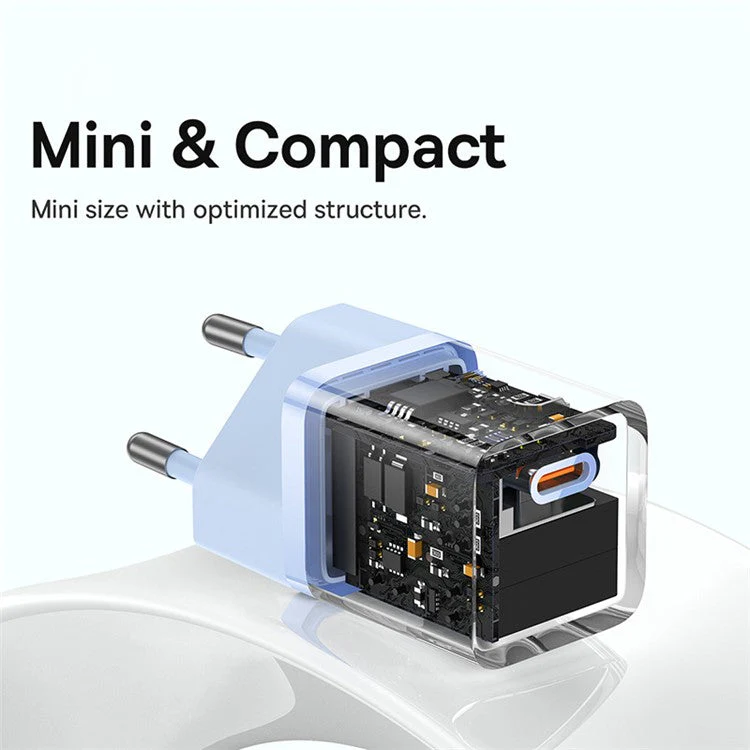 BASEUS GaN5 Fast Charger 30W Single Type-C Wall Charger EU Plug Adapter (Mini), with Type-C to Type-C Cable - Blue - Image 4