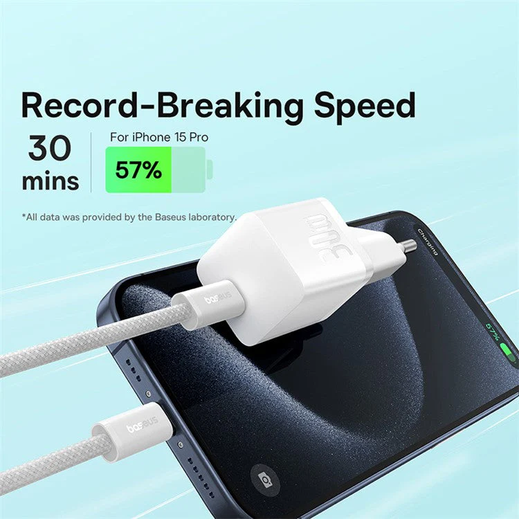 BASEUS GaN5 Fast Charger 30W Single Type-C Wall Charger EU Plug Adapter (Mini), with Type-C to Type-C Cable - White - Image 3