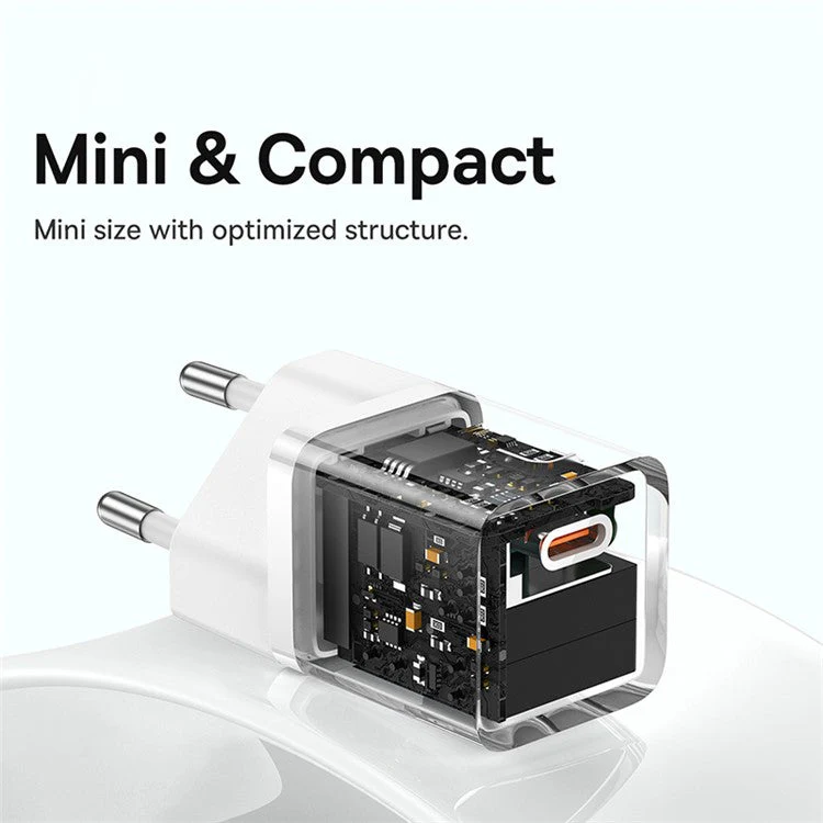 BASEUS GaN5 Fast Charger 30W Single Type-C Wall Charger EU Plug Adapter (Mini), with Type-C to Type-C Cable - White - Image 4