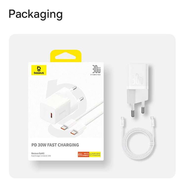 BASEUS GaN5 Fast Charger 30W Single Type-C Wall Charger EU Plug Adapter (Mini), with Type-C to Type-C Cable - White - Image 8