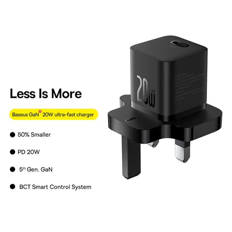 BASEUS GaN5 Mini Fast Charger Portable Type-C 20W Wall Charger Adapter, UK Plug - Black - Image 2
