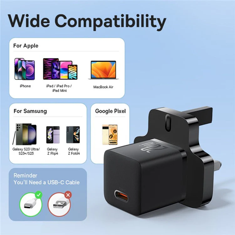 BASEUS GaN5 Mini Fast Charger Portable Type-C 20W Wall Charger Adapter, UK Plug - Black - Image 8