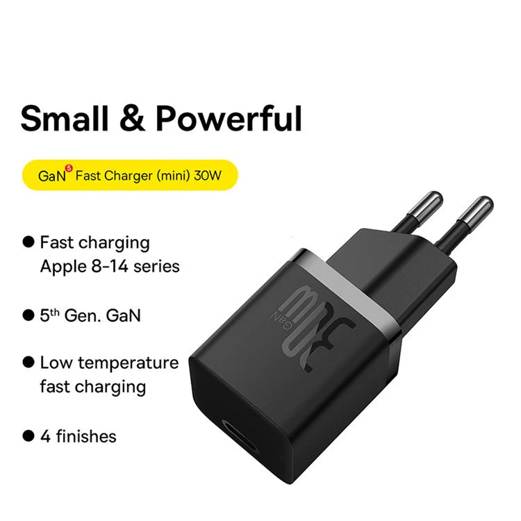 BASEUS GaN5 Mini Fast Charger Type-C 30W Portable Wall Charger Adapter for iPhone, iPad, AirPods (EU Plug) - Black - Image 2