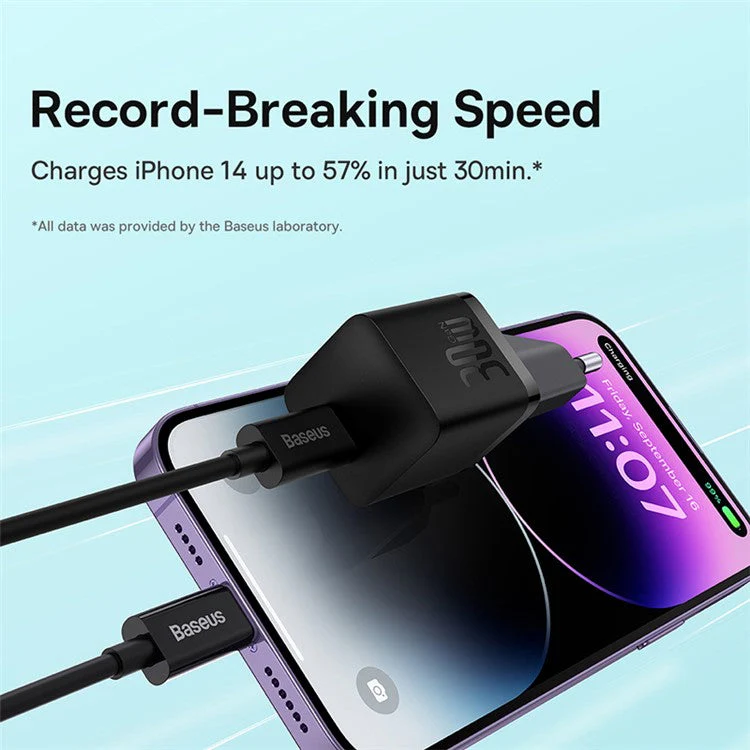 BASEUS GaN5 Mini Fast Charger Type-C 30W Portable Wall Charger Adapter for iPhone, iPad, AirPods (EU Plug) - Black - Image 3