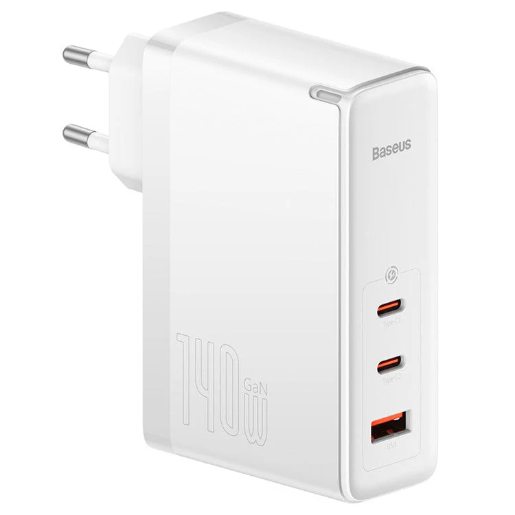 BASEUS GaN5 Pro Fast Charger 2Type-C+USB 140W EU Plug Multi-Port Wall Charger Adapter Block Quick Charging Box Brick with 1m Type-C To Type-C 240W Cable - White