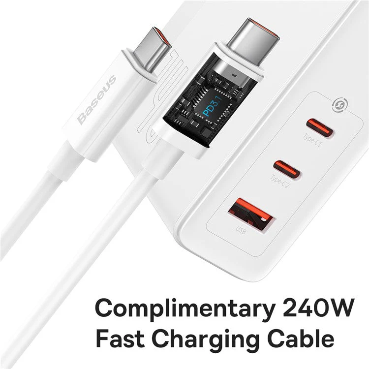 BASEUS GaN5 Pro Fast Charger 2Type-C+USB 140W EU Plug Multi-Port Wall Charger Adapter Block Quick Charging Box Brick with 1m Type-C To Type-C 240W Cable - White - Image 5