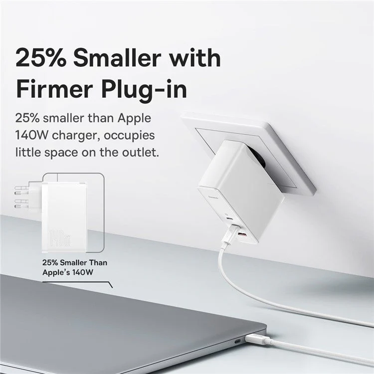 BASEUS GaN5 Pro Fast Charger 2Type-C+USB 140W EU Plug Multi-Port Wall Charger Adapter Block Quick Charging Box Brick with 1m Type-C To Type-C 240W Cable - White - Image 6