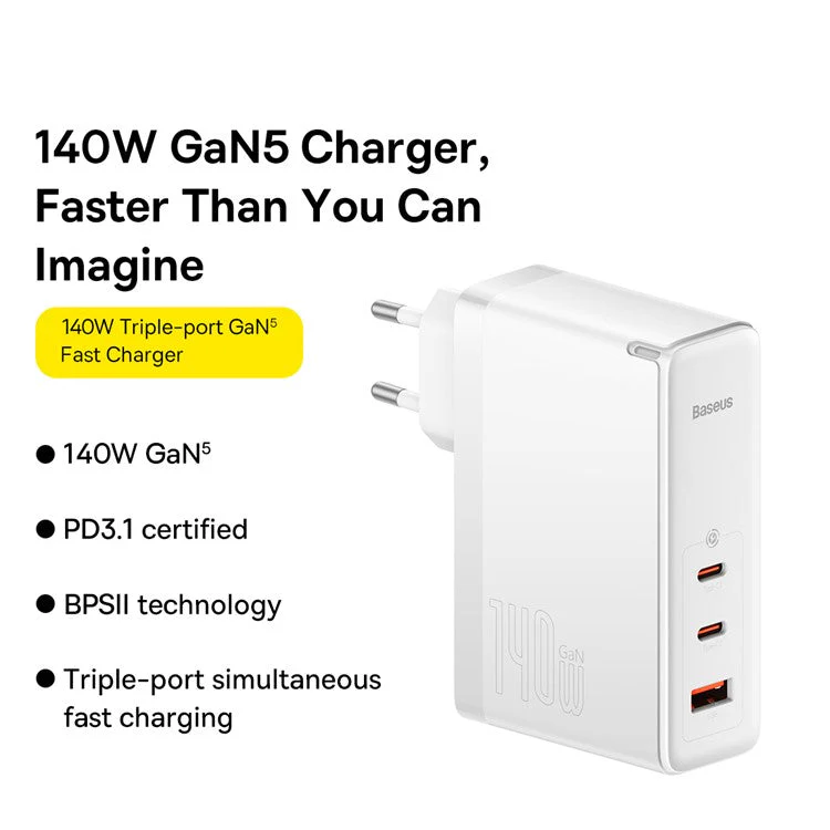 BASEUS GaN5 Pro Fast Charger 2Type-C+USB 140W EU Plug Multi-Port Wall Charger Adapter Block Quick Charging Box Brick with 1m Type-C To Type-C 240W Cable - White - Image 8