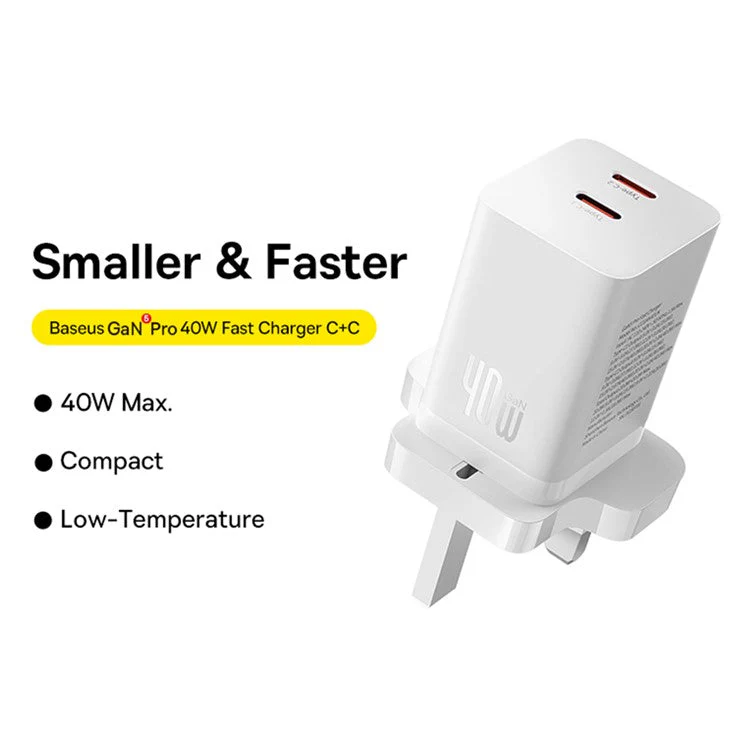 BASEUS GaN5 Pro Fast Charger Type-C + Type-C Dual Output 40W UK Plug Charging Adapter - White - Image 2