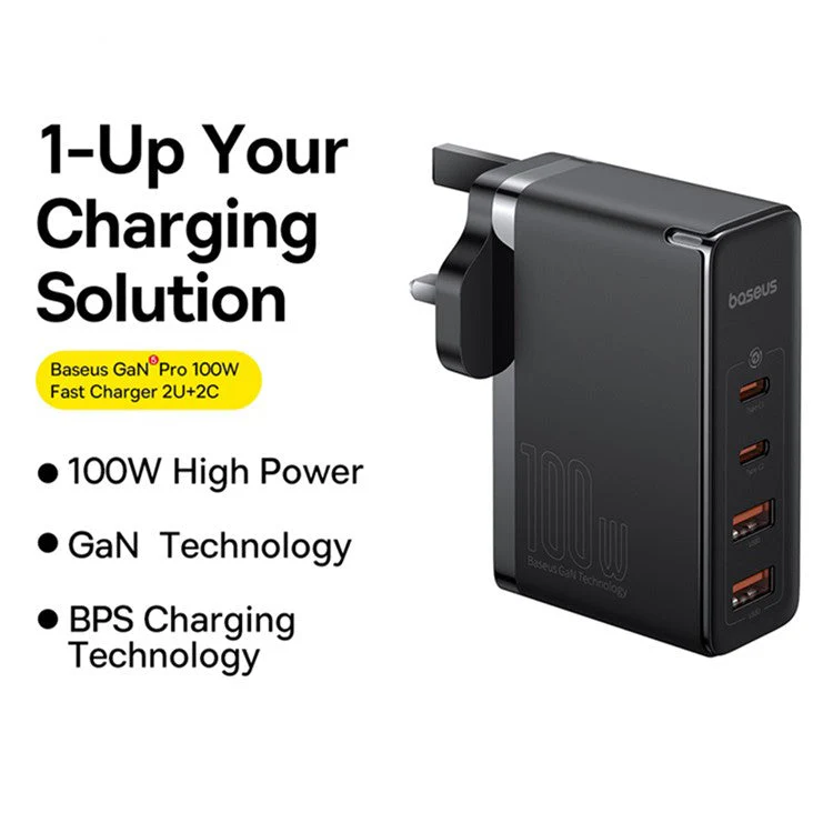 BASEUS GaN5 Pro Wall Charger UK Plug 2*Type-C+2*USB-A 100W Fast Charging Block, with 1m Type-C to Type-C Cable 100W (20V / 5A) - Black - Image 2