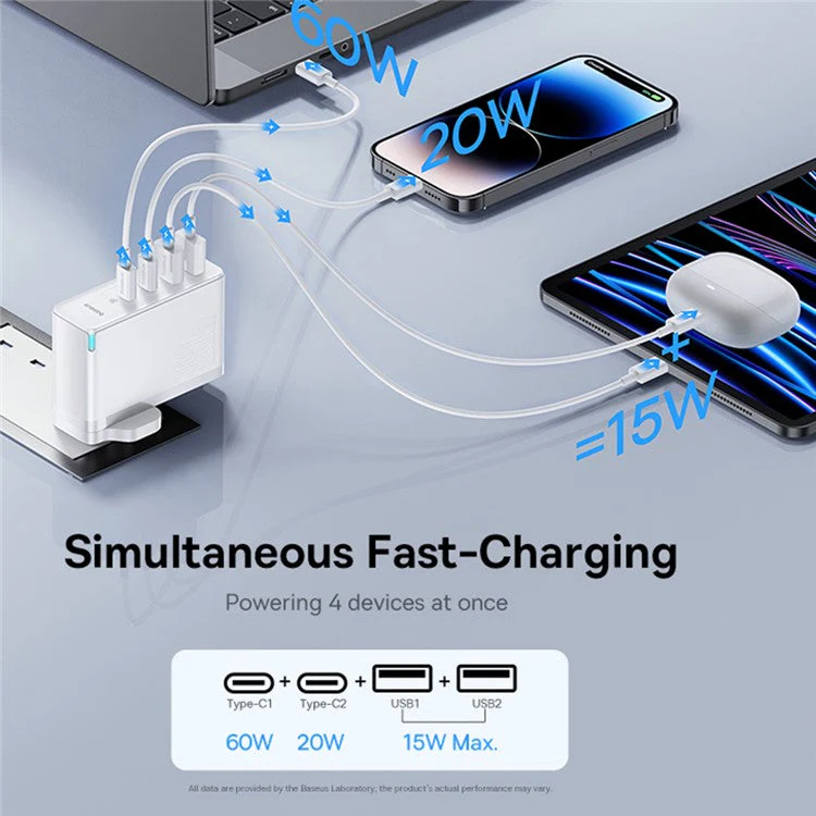 BASEUS GaN5 Pro Wall Charger UK Plug 2*Type-C+2*USB-A 100W Fast Charging Block, with 1m Type-C to Type-C Cable 100W (20V / 5A) - White - Image 3