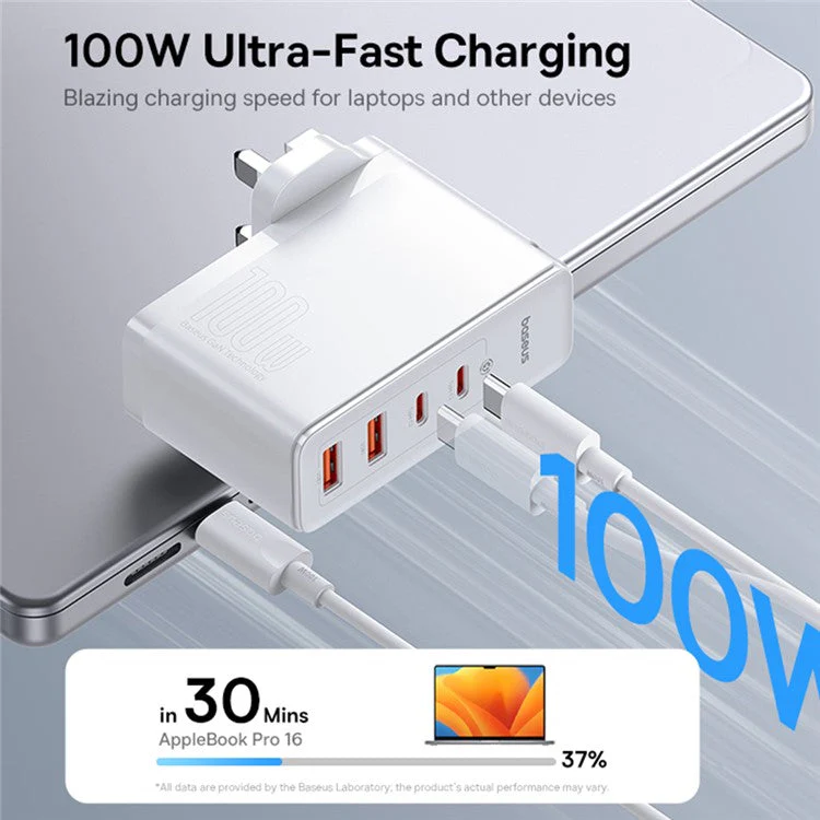 BASEUS GaN5 Pro Wall Charger UK Plug 2*Type-C+2*USB-A 100W Fast Charging Block, with 1m Type-C to Type-C Cable 100W (20V / 5A) - White - Image 4