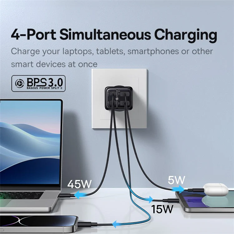 BASEUS GaN6 Pro 65W Fast Charger Adapter 2Type-C+2USB Wall Charger Block, EU Plug - Black - Image 5