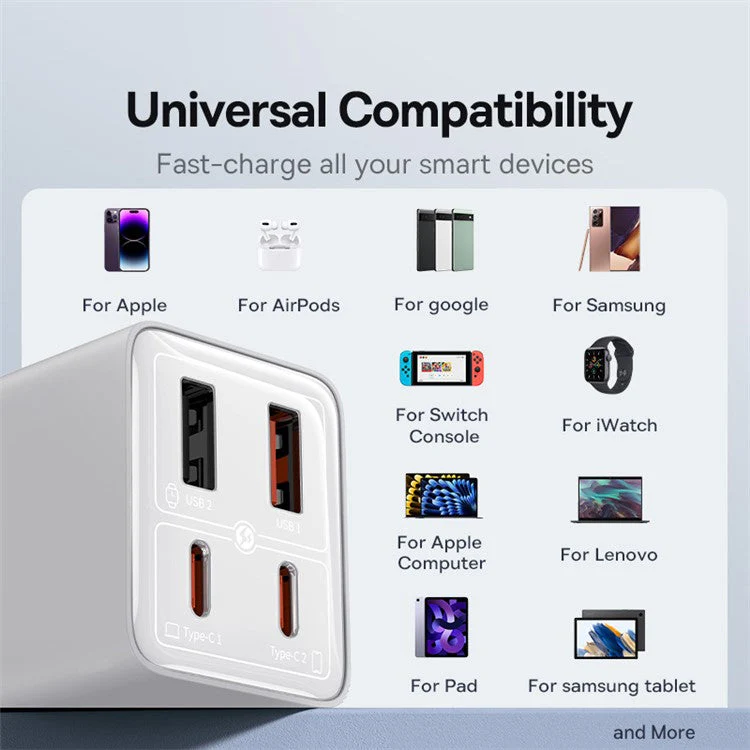 BASEUS GaN6 Pro 65W Fast Charger Adapter 2Type-C+2USB Wall Charger Block, EU Plug - White - Image 7
