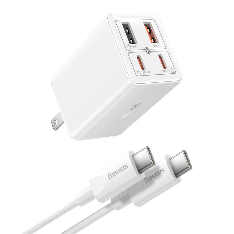 BASEUS GaN6 Pro 65W Fast Charging Adapter 2 Type-C + 2 USB Wall Charger (with Type-C to Type-C Cable), US Plug - White