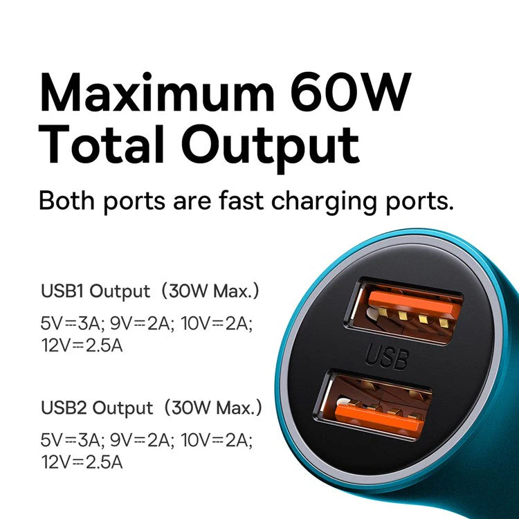 BASEUS Golden Contactor Max Dual USB Ports Fast Charger 60W Car Charger for Cell Phone Camera Tablets Laptops - Blue - Image 5