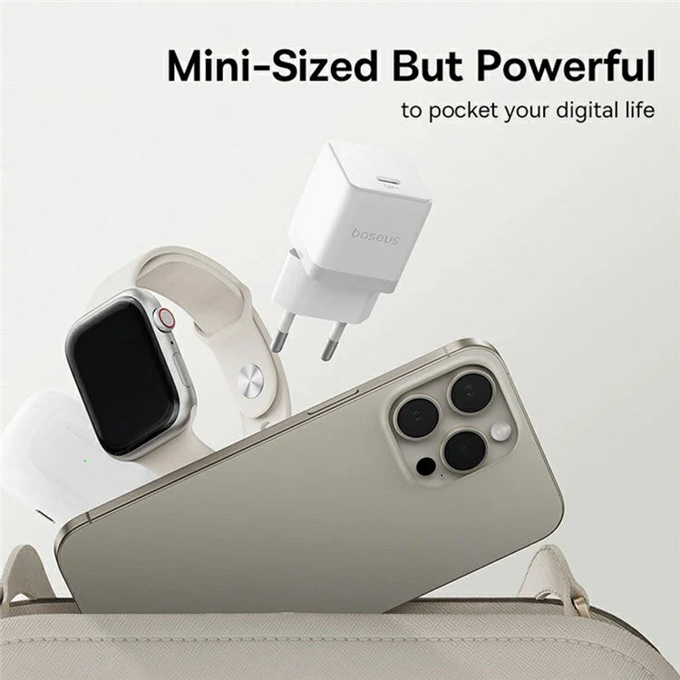 BASEUS Palm Fast Charger 20W Type-C Single Port Power Adapter EU Plug with 1m 60W Type-C Cable - White - Image 3