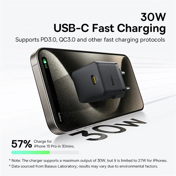 BASEUS Palm Fast Charger 30W Type-C Single Port EU Plug Wall Charging Adapter with 60W Type-C Cable - Black - Image 4