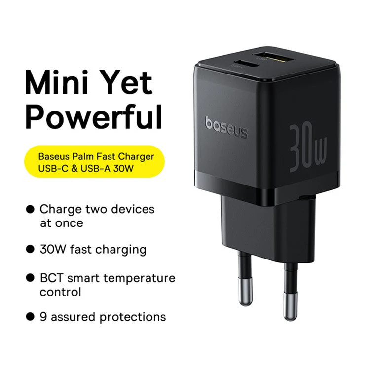 BASEUS Palm Fast Charger 30W Type-C+USB Dual Port EU Plug Wall Charging Adapter with 60W Type-C Cable - Black - Image 2