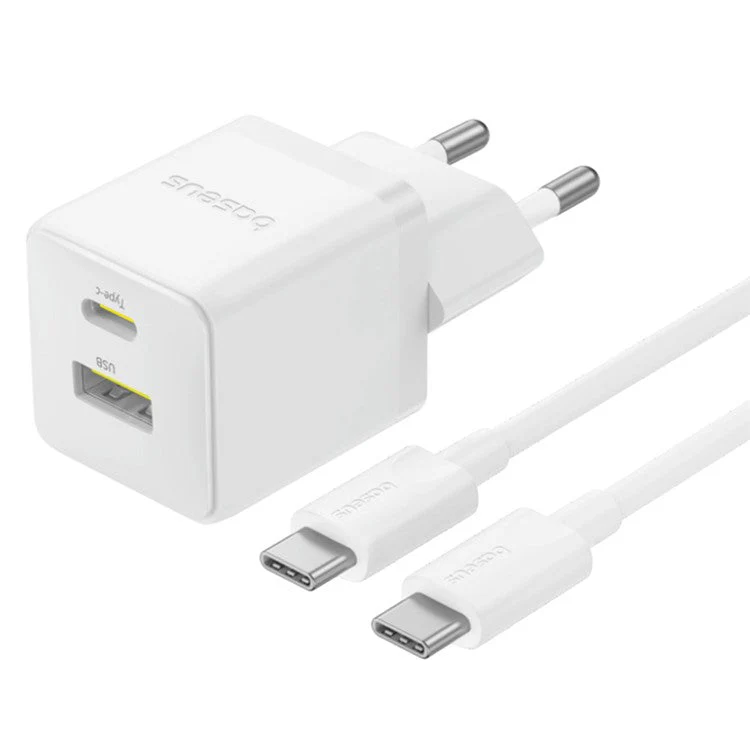 BASEUS Palm Fast Charger 30W Type-C+USB Dual Port EU Plug Wall Charging Adapter with 60W Type-C Cable - White