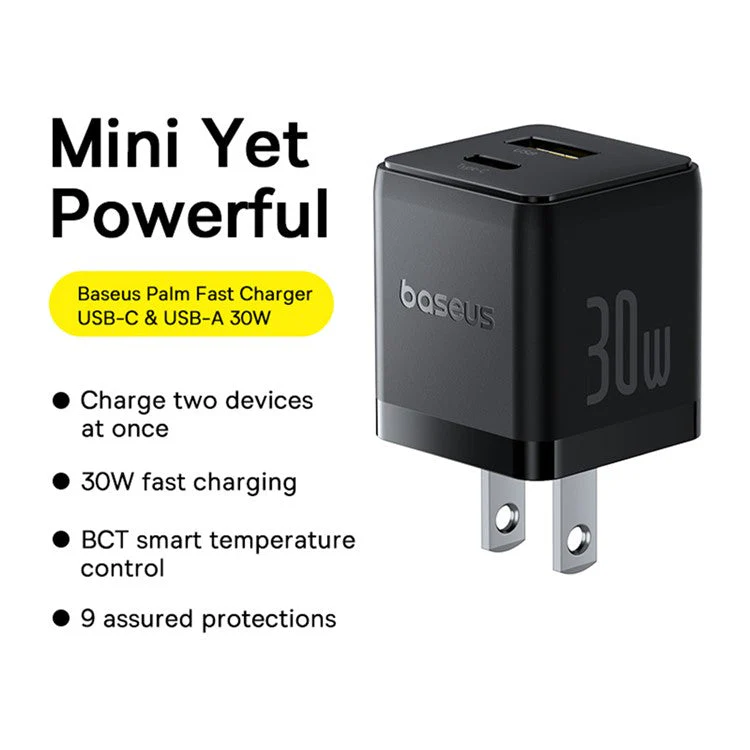 BASEUS Palm Fast Charger 30W Type-C+USB Dual Port US Plug Wall Charging Adapter with 60W Type-C Cable - Black - Image 2